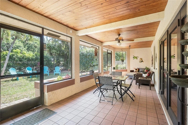 sunroom with wood ceiling and ceiling fan