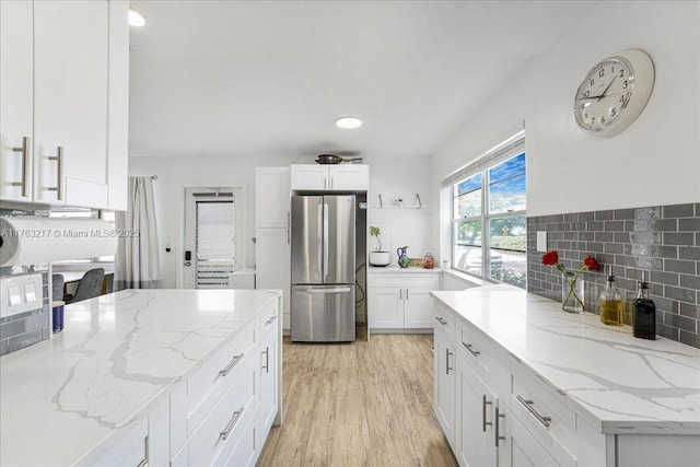 1 Keswick A 1, Deerfield Beach, FL 33442 - kitchen featuring freestanding refrigerator, white cabinetry, light wood finished floors, light stone countertops, and recessed lighting