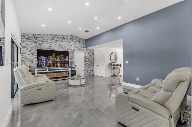 living room with recessed lighting, marble finish floor, vaulted ceiling, baseboards, and visible vents