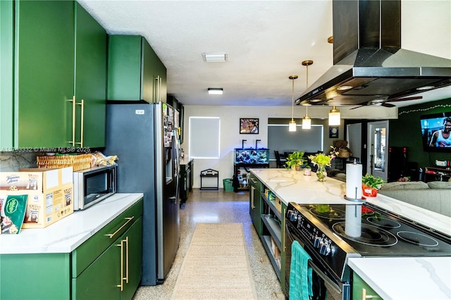 kitchen featuring green cabinetry, extractor fan, and appliances with stainless steel finishes