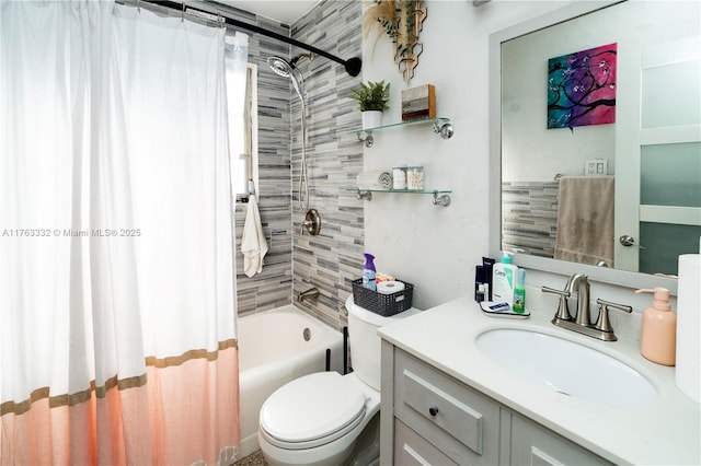 bathroom with vanity, toilet, and shower / bath combo with shower curtain