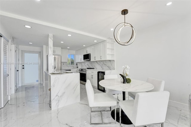 dining room featuring wine cooler, baseboards, marble finish floor, and recessed lighting