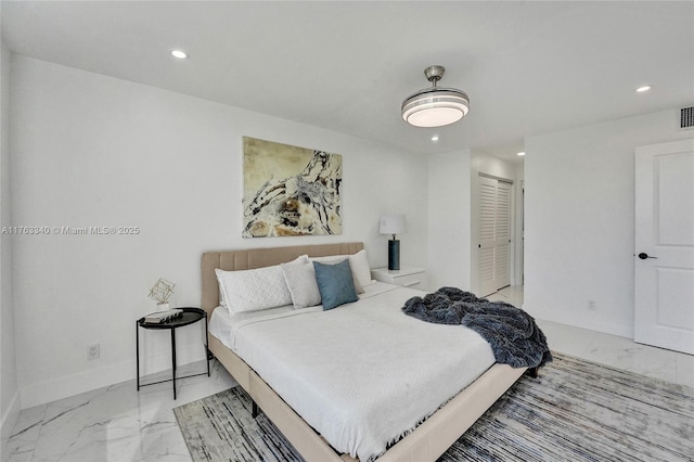 bedroom featuring a closet, recessed lighting, baseboards, marble finish floor, and visible vents