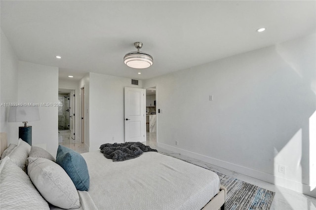 bedroom with visible vents, baseboards, recessed lighting, marble finish floor, and connected bathroom