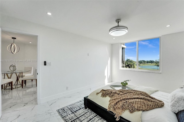 bedroom with recessed lighting, baseboards, and marble finish floor