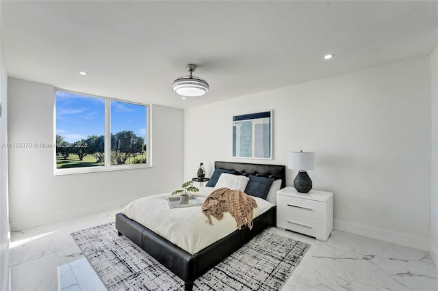 bedroom with recessed lighting, baseboards, and marble finish floor