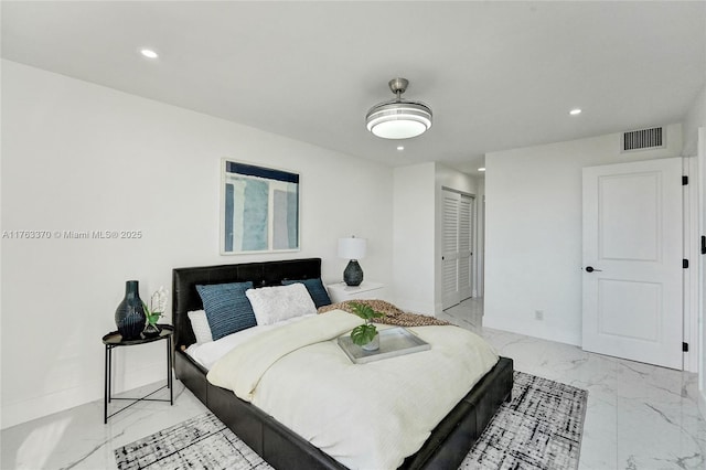 bedroom with recessed lighting, baseboards, visible vents, and marble finish floor