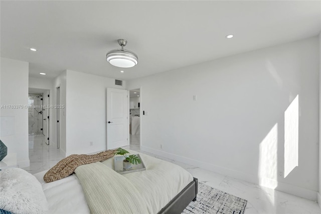 bedroom featuring recessed lighting, visible vents, baseboards, and marble finish floor