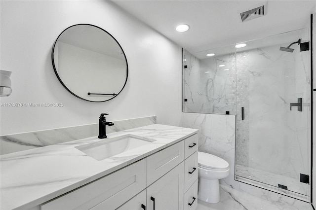 bathroom with a marble finish shower, visible vents, toilet, marble finish floor, and vanity