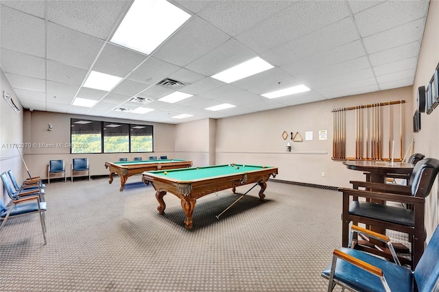 recreation room featuring visible vents, pool table, baseboards, carpet floors, and a paneled ceiling