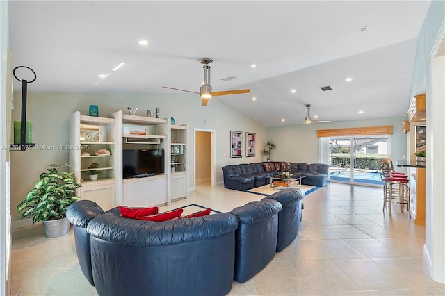 living area featuring visible vents, lofted ceiling, recessed lighting, light tile patterned flooring, and a ceiling fan