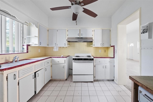 kitchen featuring a ceiling fan, a sink, decorative backsplash, under cabinet range hood, and white electric range