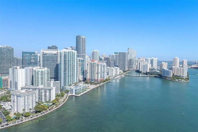 birds eye view of property featuring a city view and a water view