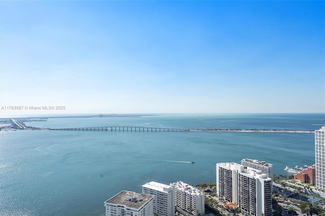 birds eye view of property with a city view and a water view