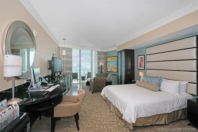 bedroom featuring access to outside, floor to ceiling windows, carpet floors, and ornamental molding