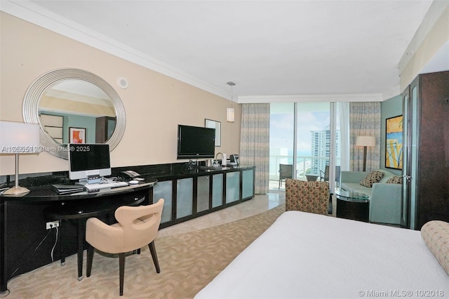 bedroom featuring crown molding, floor to ceiling windows, and access to exterior