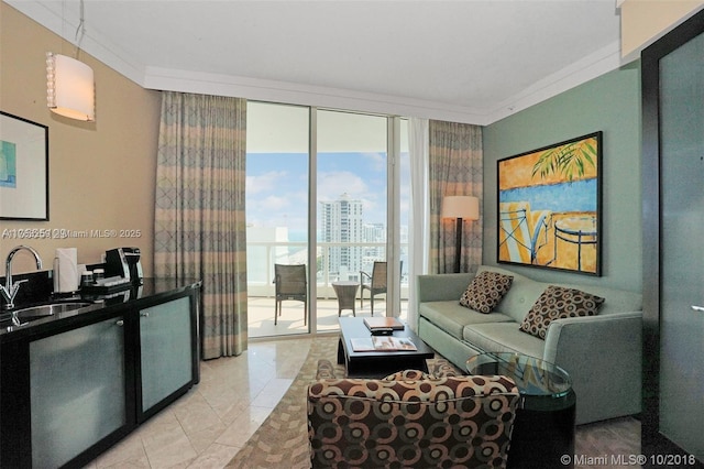 living room featuring a wall of windows, a city view, and ornamental molding