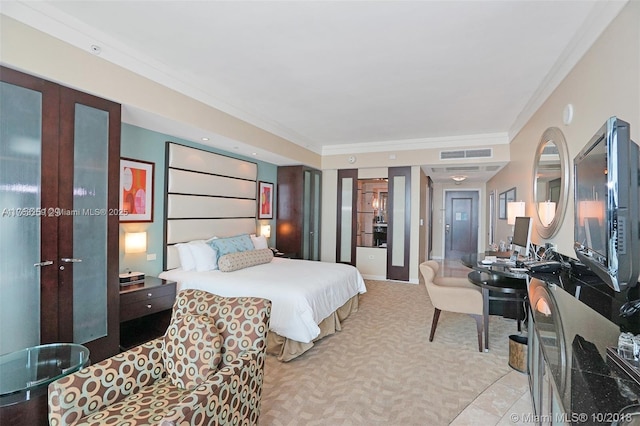 bedroom with visible vents, french doors, crown molding, and carpet floors