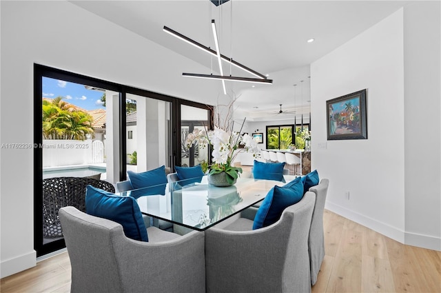 dining space with light wood-style flooring, recessed lighting, baseboards, and ceiling fan