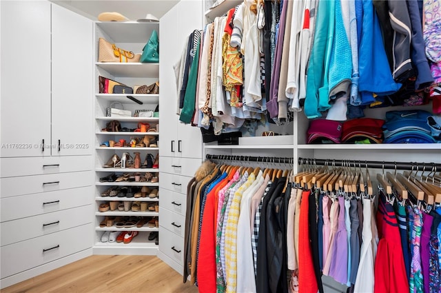 walk in closet with light wood-style floors