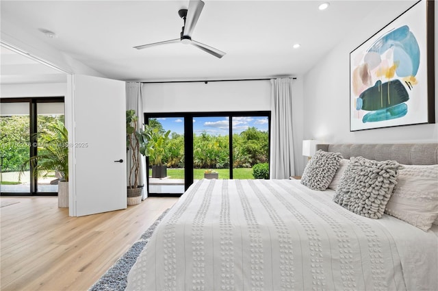 bedroom with recessed lighting, wood finished floors, a ceiling fan, and access to outside