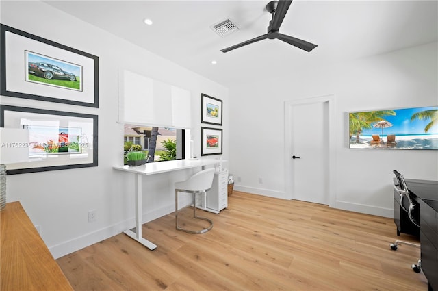 office with light wood finished floors, visible vents, recessed lighting, and ceiling fan