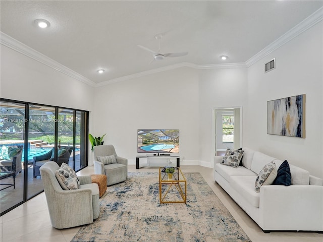 living room featuring light tile patterned floors, visible vents, crown molding, and a ceiling fan