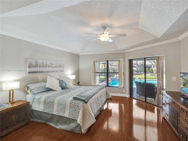 bedroom featuring ornamental molding, a ceiling fan, access to outside, a textured ceiling, and dark wood-style flooring