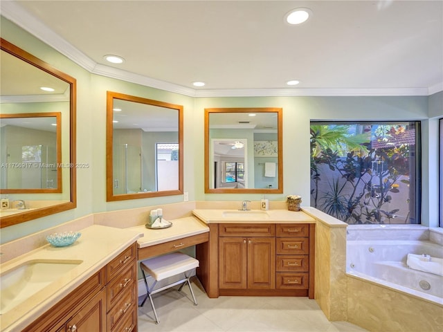 full bathroom with two vanities, recessed lighting, a whirlpool tub, and a sink