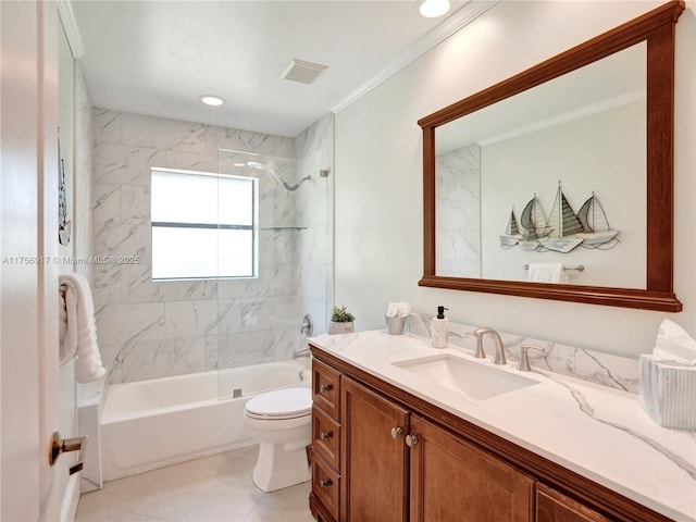 bathroom featuring vanity, visible vents, tub / shower combination, crown molding, and toilet