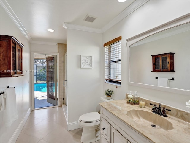 bathroom with a stall shower, toilet, a healthy amount of sunlight, and ornamental molding