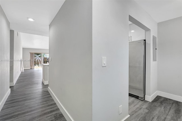 hallway featuring electric panel, dark wood-type flooring, and baseboards