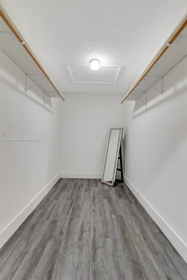 walk in closet with attic access and wood finished floors