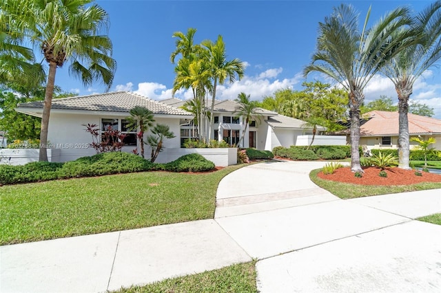 view of front of house featuring curved driveway, a tiled roof, a front yard, and stucco siding