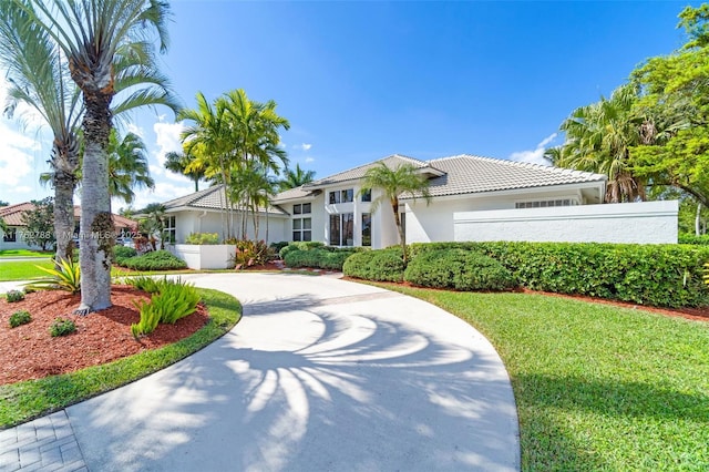 view of front facade with fence, curved driveway, stucco siding, a front lawn, and a tiled roof