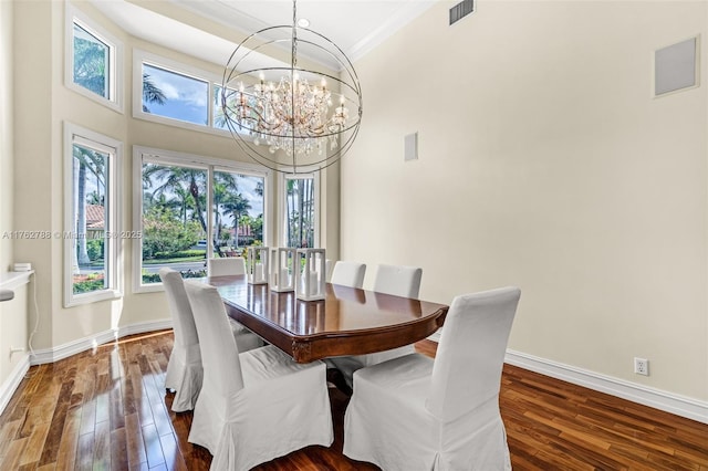 dining space featuring visible vents, baseboards, dark wood-type flooring, and a chandelier