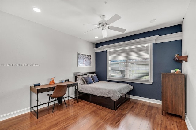 bedroom with recessed lighting, a ceiling fan, baseboards, and wood finished floors