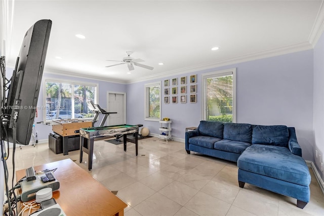 playroom with recessed lighting, a ceiling fan, baseboards, and ornamental molding