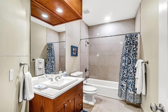 bathroom featuring visible vents, toilet, shower / tub combo, tile patterned flooring, and vanity