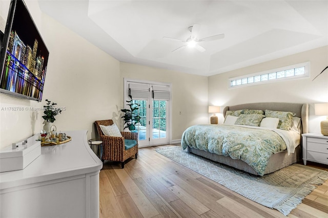 bedroom featuring access to exterior, multiple windows, light wood-style floors, and a tray ceiling