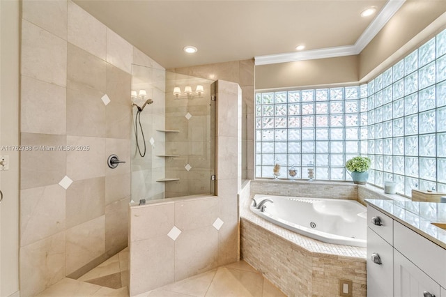 full bathroom featuring a tub with jets, a healthy amount of sunlight, a walk in shower, and crown molding