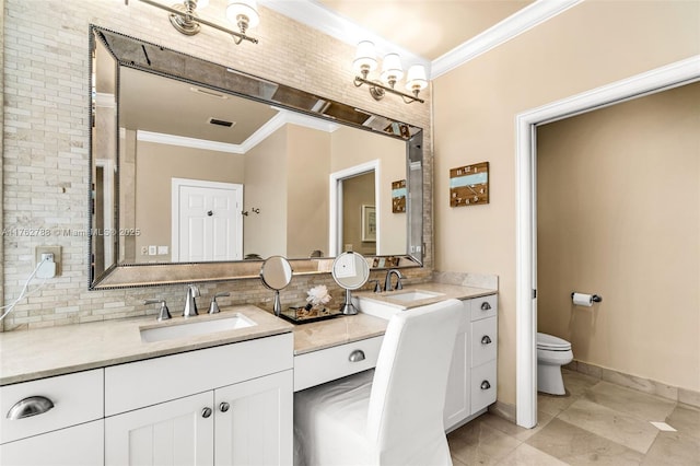 full bathroom with crown molding, double vanity, and a sink