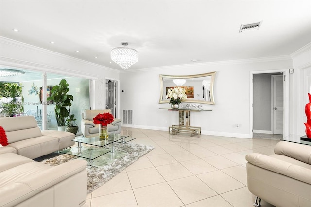 living room with light tile patterned floors, visible vents, and crown molding