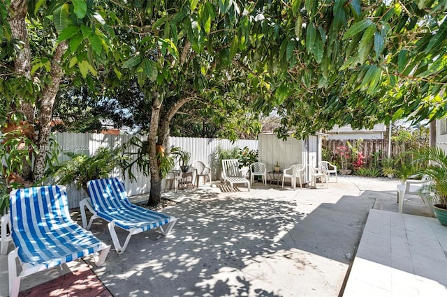 view of patio with an outbuilding, a storage unit, and a fenced backyard