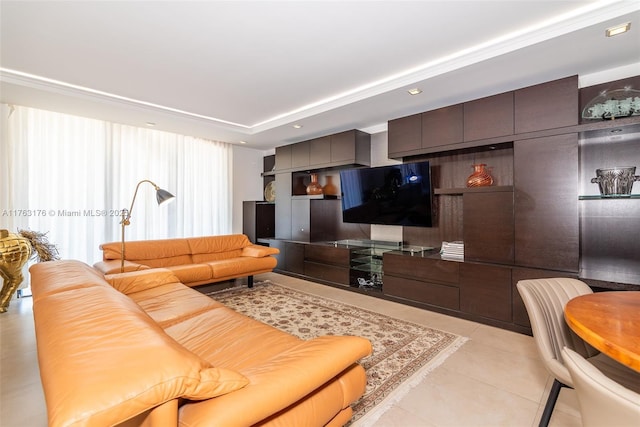 living room with recessed lighting and light tile patterned floors