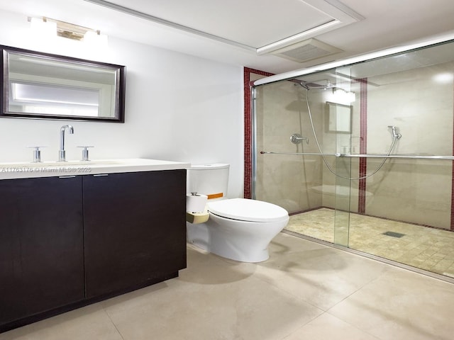 bathroom with visible vents, toilet, tile patterned floors, vanity, and a stall shower