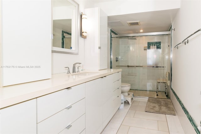bathroom with visible vents, toilet, tile patterned floors, vanity, and a stall shower