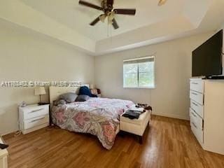 bedroom with a raised ceiling, a ceiling fan, and wood finished floors