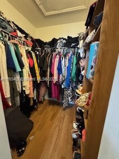 spacious closet featuring attic access and wood finished floors