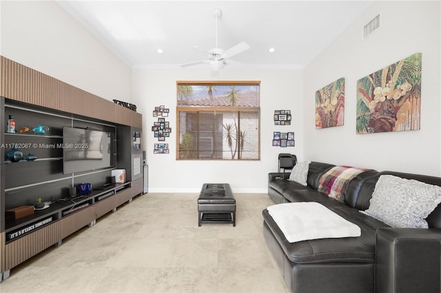 living area with ornamental molding, a ceiling fan, visible vents, and baseboards